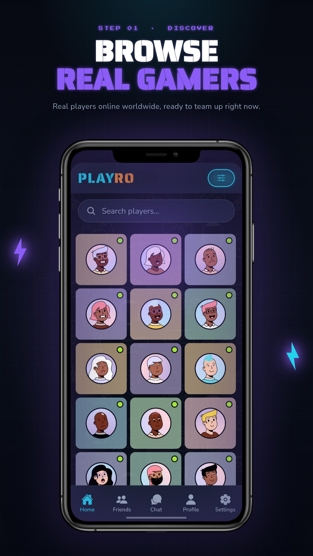 Browse real gamers — player discovery grid